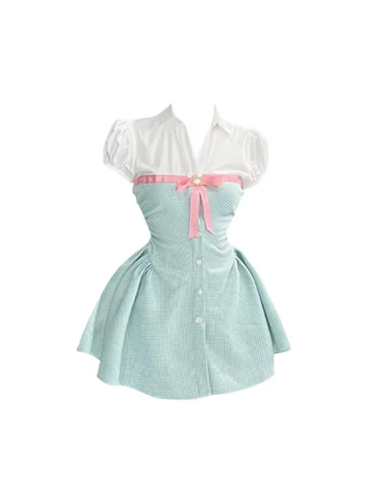 

Summer Women Korean Fashion Mini Dress Single-breasted Patchwork Contrast Color A-line Frocks Court Sexy Gyaru Evening Prom Gown