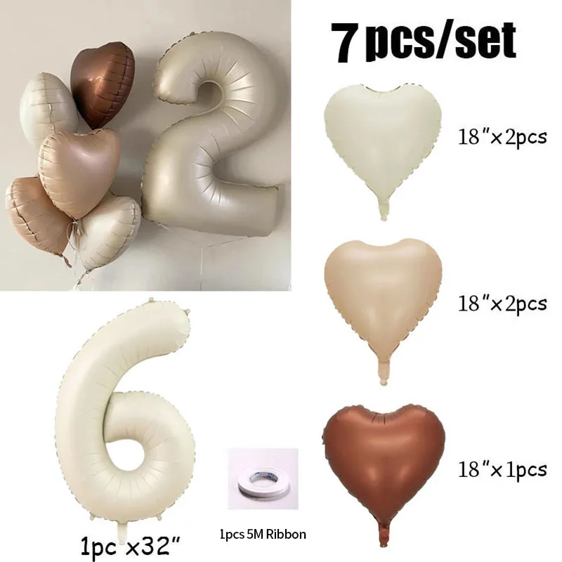 7 шт. фольгированные шары с номером сердца, кремовые, TingBabyer