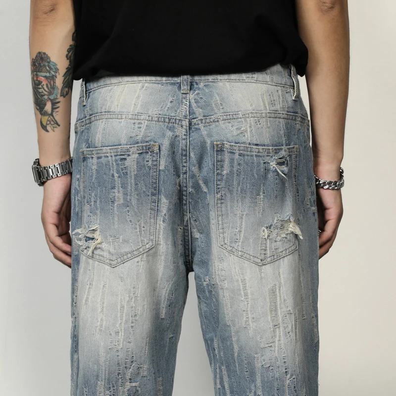 Four Seasons Men's European and American High Street American Trend Jeans Straight Trousers Fashion Streetwear Ins Hot Sale MEN