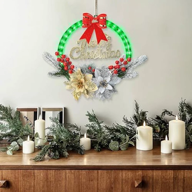 

1 шт. Рождественские венки для входной двери, Рождественский венок с подсветкой, Искусственная елка, Красивая зеленая гирлянда, Рождественский Декор