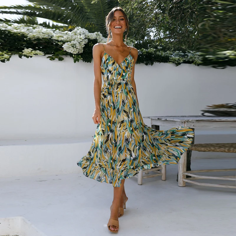 Ladies Sexy Printed Sling Dress Women's V-neck Halter High Waist Split Mid-length Women Fashion Bohemian Beach 2022 | Женская одежда