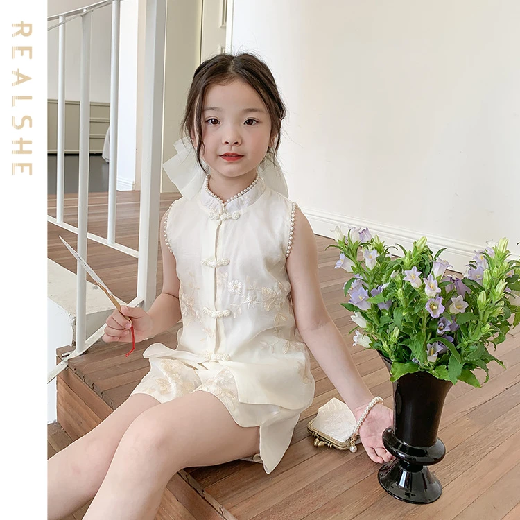 

Chinese Style Kids Clothes Solid Sleeveless Embroidery Shirts Shorts 2pcs Girls Outfit Summer Children Clothing Sets