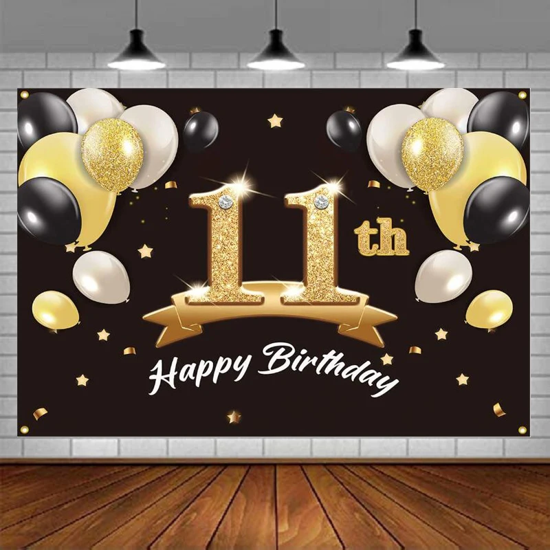

Photography Backdrop Happy 11th Birthday Party Background Banner Decorations Supplies Poster For Boy- Black Gold Balloons