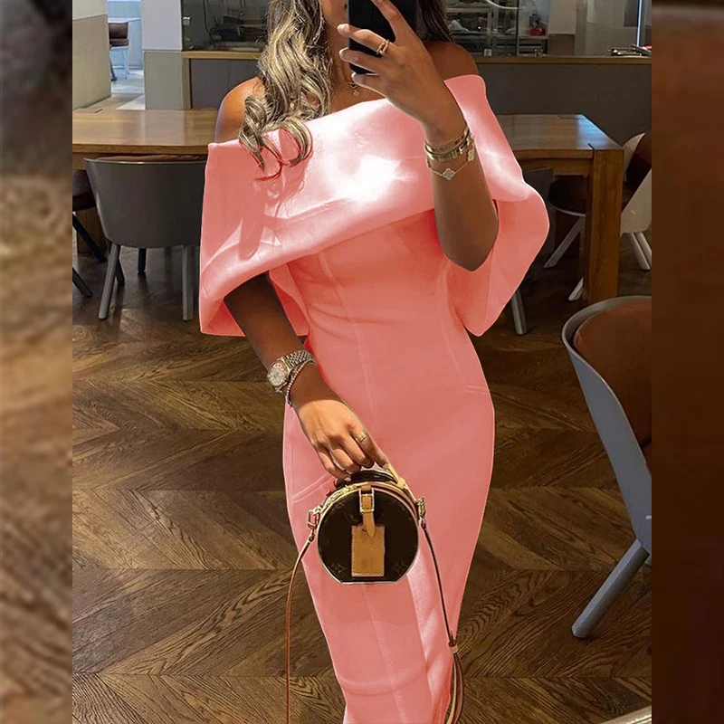 

Sexy Off Shoulder Women Party Dresses Elegant Back Bow Solid Color Badycon Dress Autumn Office Ladies Casual Long Dress Vestidos