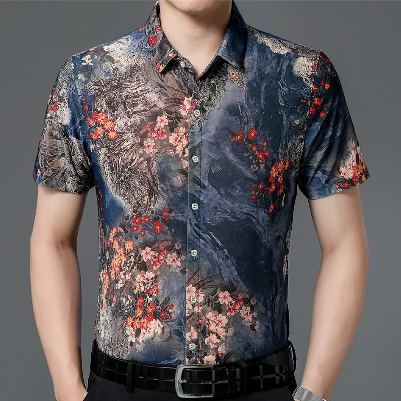 

Гавайский стиль повседневные 80% шелковые рубашки мужские с коротким рукавом с обеих сторон китайский национальный цветок 2023 пляжная летняя одежда