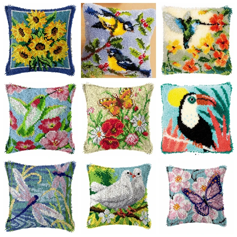 

Latch Hook Kit Cushion Pillowcase DIY Butterfly Flower Bird Animal Knot Pillow Package Kussen Set For Needlework Latch Hook Kits