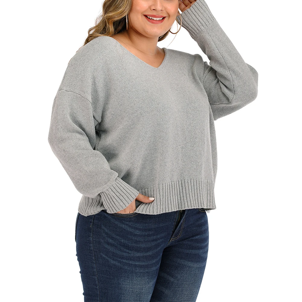 

Plus Size Loose Sweater Women Back Holoow Out Knit Top Autumn Winter Long Sleeve Crew Neck Lace-up Pullover Solid Knitwear A30