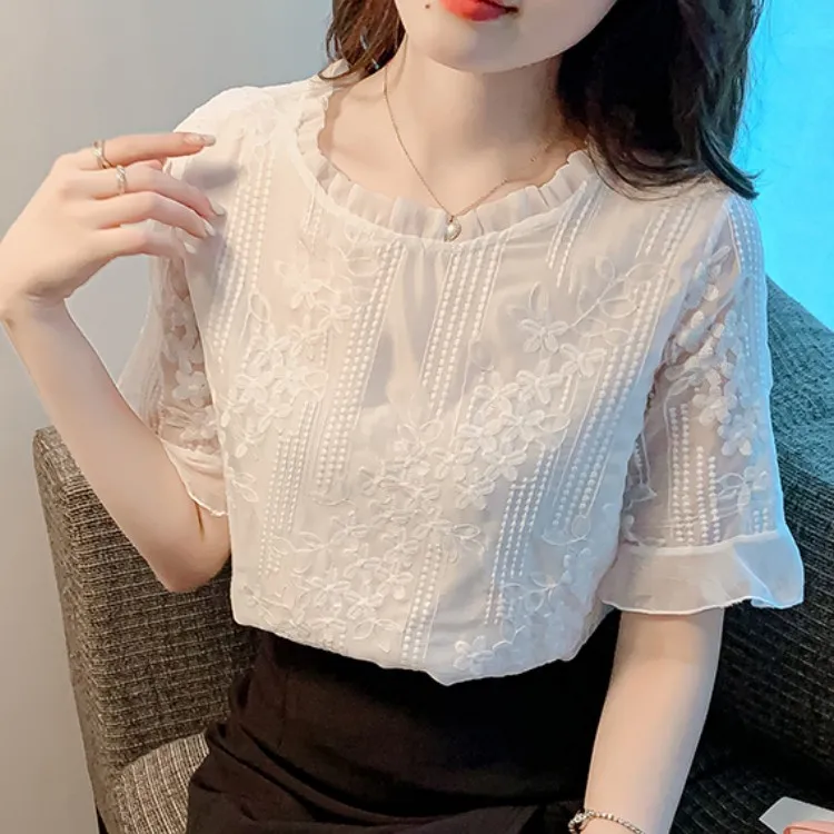 

Summer Women White Embroidery Lace Chiffon Short Sleeve Blouse Blusas Mujer De Moda 2022 Blouses Femme Women Tops Shirts
