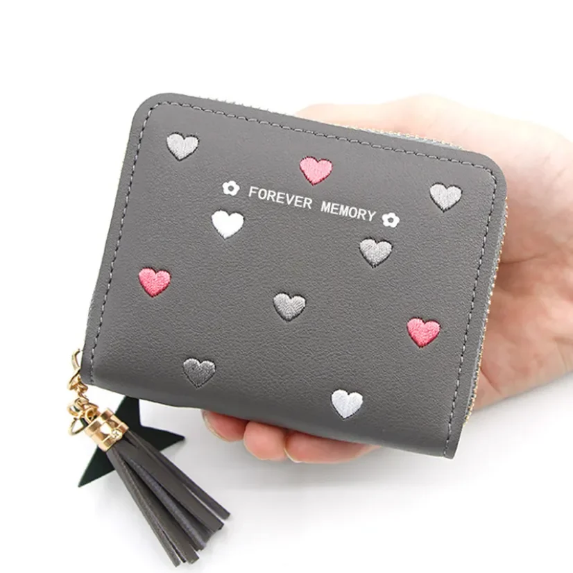 Purse Leather Heart Embroidery Short Wallet Ladies Tassels Star Pendant Money Bag Girl Small Wallets Money Clip 2021 New