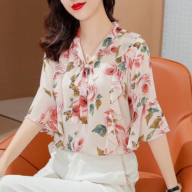 

Blusa Ruffles Flower Blouses Autumn Women's V-neck Short Sleeve Bohemian Chiffon Shirts Ladies Loose Casual Tunic Tops Oversized