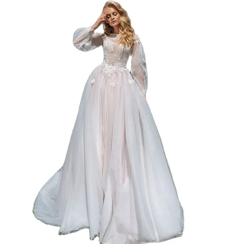 

Miss Veil A-Line Wedding Dress Long Sleeve O-Neck Elegant Tulle Bridal Gown Lace Appliques Button Sweep Train Vestido De Novia