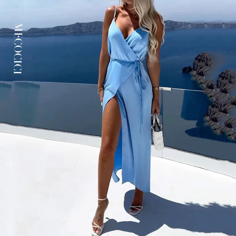 

MECOCICI Women Blue Dress Fashion V Neck Solid Suspenders Sleeveless Lace Up Loose Elegant Party Beach Slits Bandage