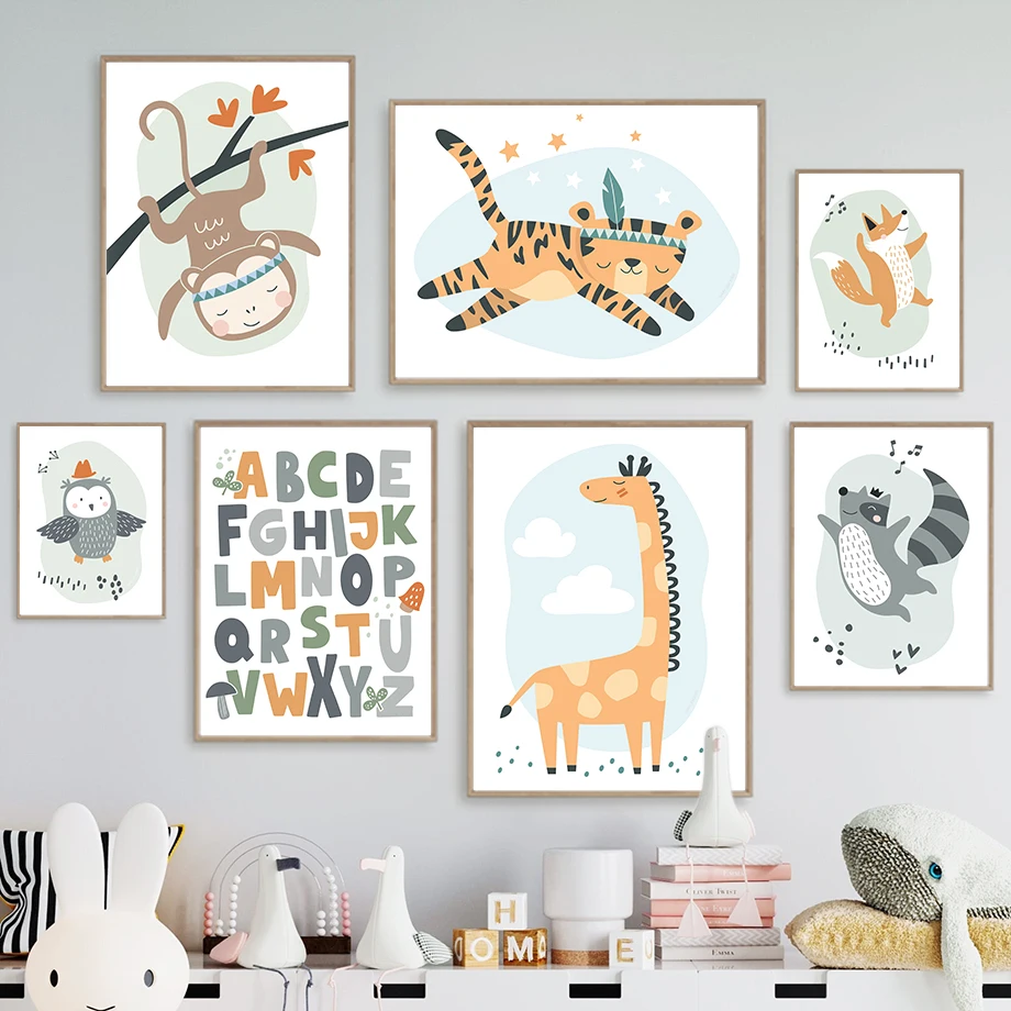 

Monkey Giraffe Leopard Fox Raccoon Owl Wall Art Canvas Painting Nordic Posters And Prints Cartoon Wall Pictures Kids Room Decor