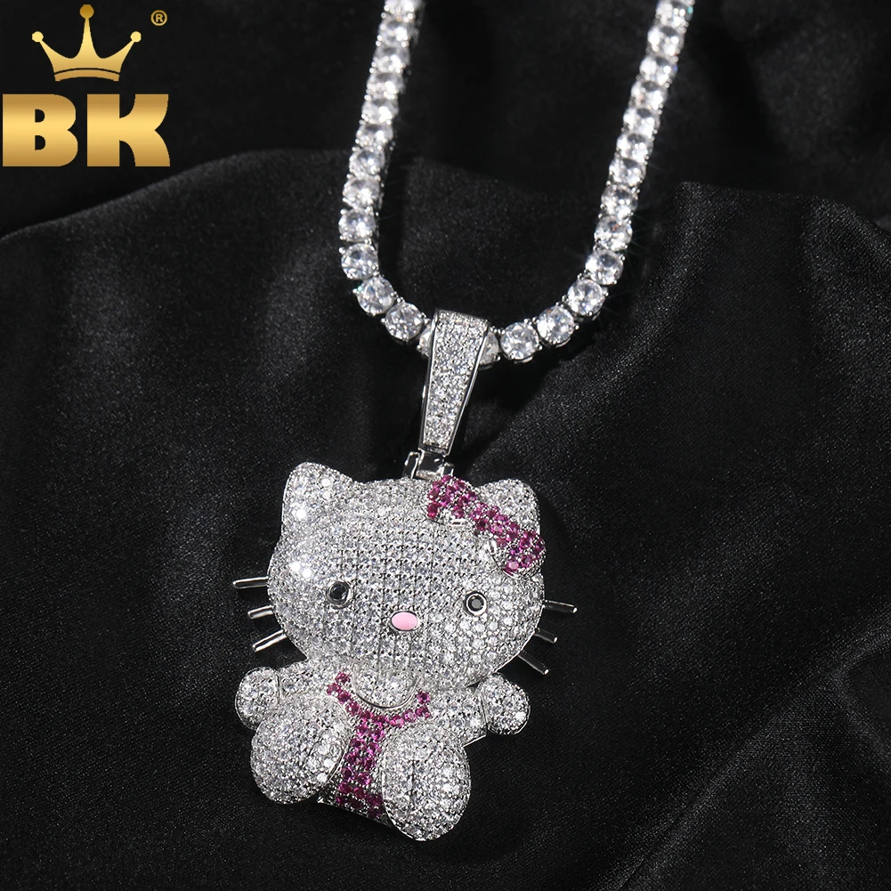 

THE BLING KING Kawaii Cat Pendant Paved Out Pink Cubic Zirconia Kitti Cartoon Character Necklace Hiphop Jewelry For Kids Gift