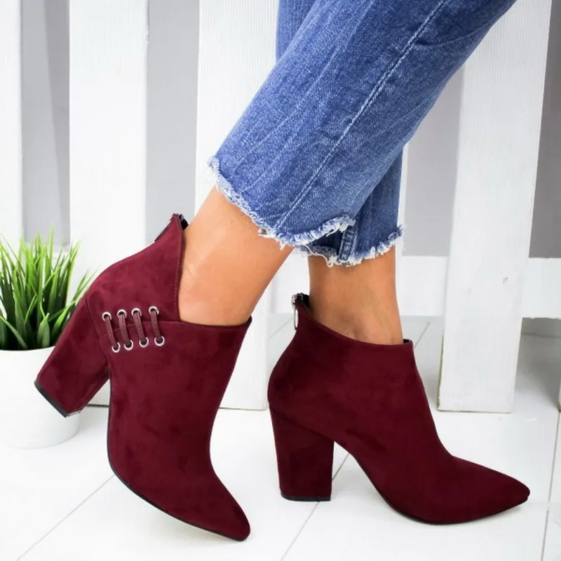 

New Spring Autumn Ankle Boots Soft Leather Woman Boots Pointed High Heels Shoes Fashion Thick Heel Back Zipper Women Shoes Boot