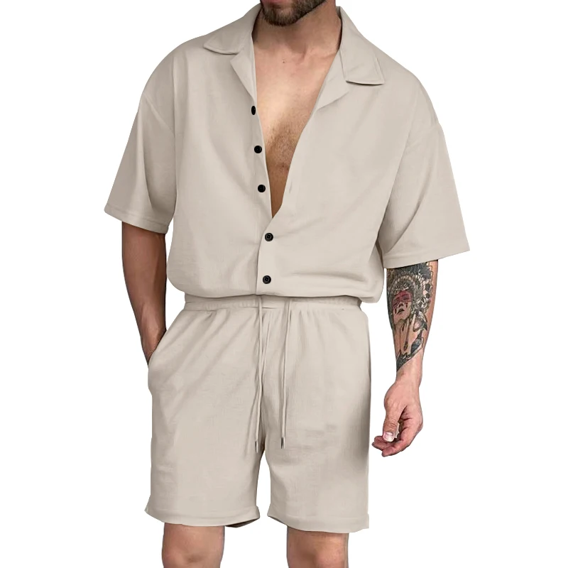 Summer Hot Selling Men's Cardigan Polo Solid Short Sleeve+Elastic Drawstring Waist Shorts Two Piece Fashion Casual Set