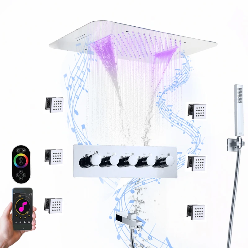 

Thermostatic Waterfall Rain Bath & Shower Sets Chrome 580x380mm LED Head Shower with Music System