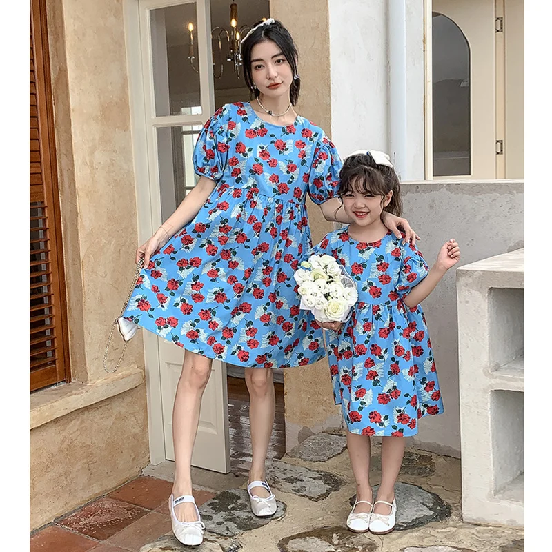 

Mommy and Baby Girl Matching Boutique Floral Dress Like Mother Like Daughter Blue Dresses 2023 New Mom and Me Same Cute Clothing