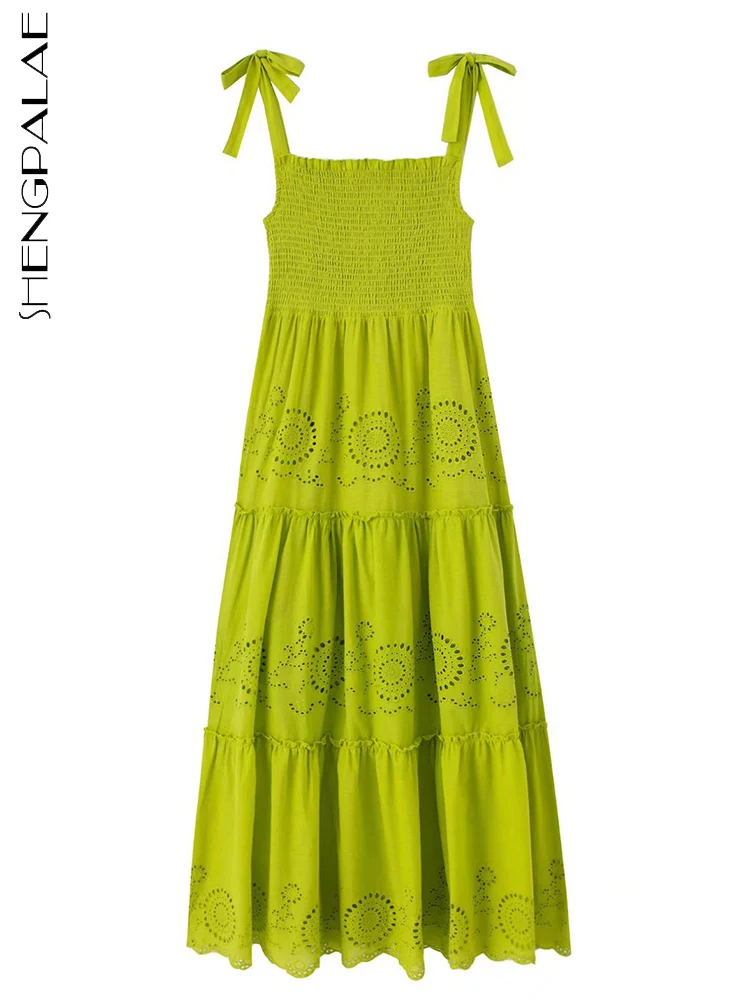 

SHENGPALAE зеленые платья для женщин Корейский темперамент шикарная одежда для женщин 2022 лето без рукавов Полые Вышивка Vestidos Tide