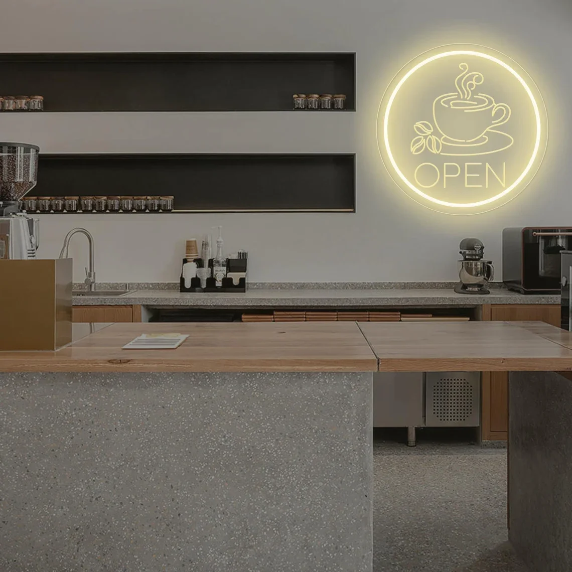 Открытая неоновая вывеска открытая для бара или кофейни деловая фотовывеска