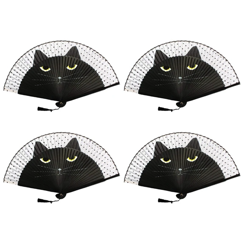 4Pack Handheld Fan, Cartoon Cat Folding Silk Fan Handheld Fan, Men Women Silk Folding Fan With Elegant Tassel