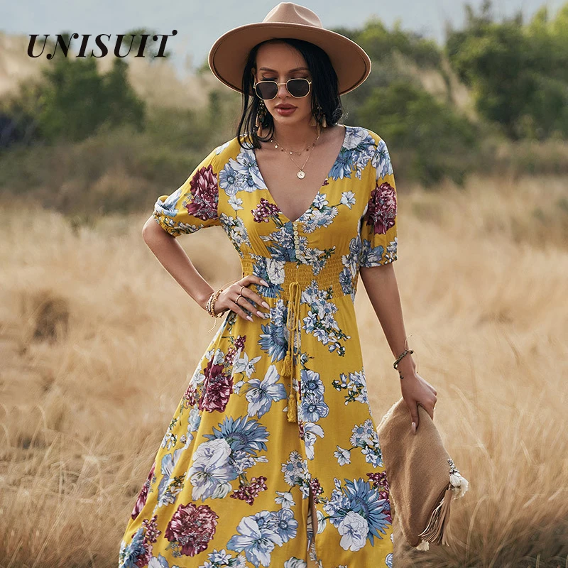 UNISUIT Spring Summer Long Floral Dress Women Sexy V Neck Short Sleeve Bandage Black Blue Yellow S -XL |