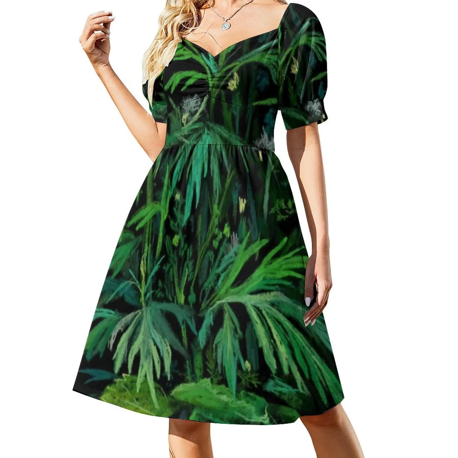 

Green Black Weed Casual Dress Summer Greenery Colorful Floral Art Street Style Dresses Kawaii Dress V Neck Oversized Vestido