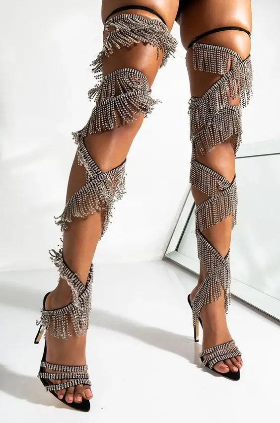 

Sexy Hollow Cross Strap Sandals Fringed Over The Knee Boots Solid Color Catwalk Women Shoes Luxury Famous Brand Design Pumps
