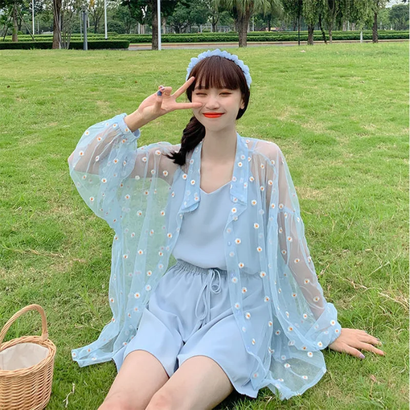 

Female Blouse Korean Versatile Print Daisy Sunscreen Long Sleeve Summer Shirt Y2k Streetwear Fashion Women Tops