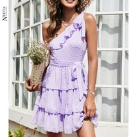 china purple ruffle sleeve a line dressr young girl cake short skirt bow tie elastic waist 2022 summer inclined shoulder dress