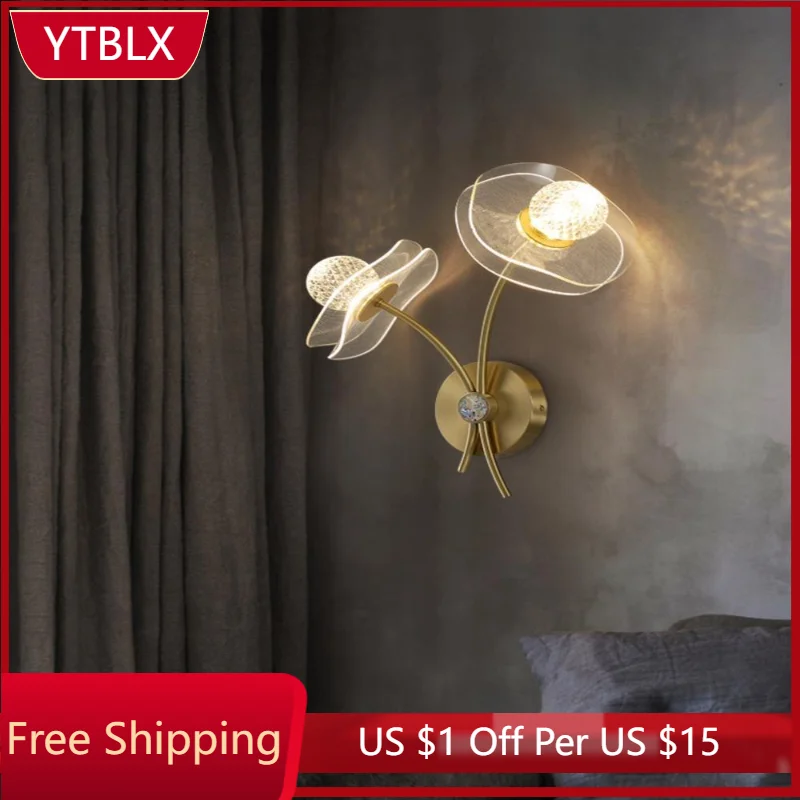 

Nordic Copper LED Wall Lamp Modern Bedroom Bedside Living Room Sofa Background Decor Wall Light Creative Aisle Corridor Lighting