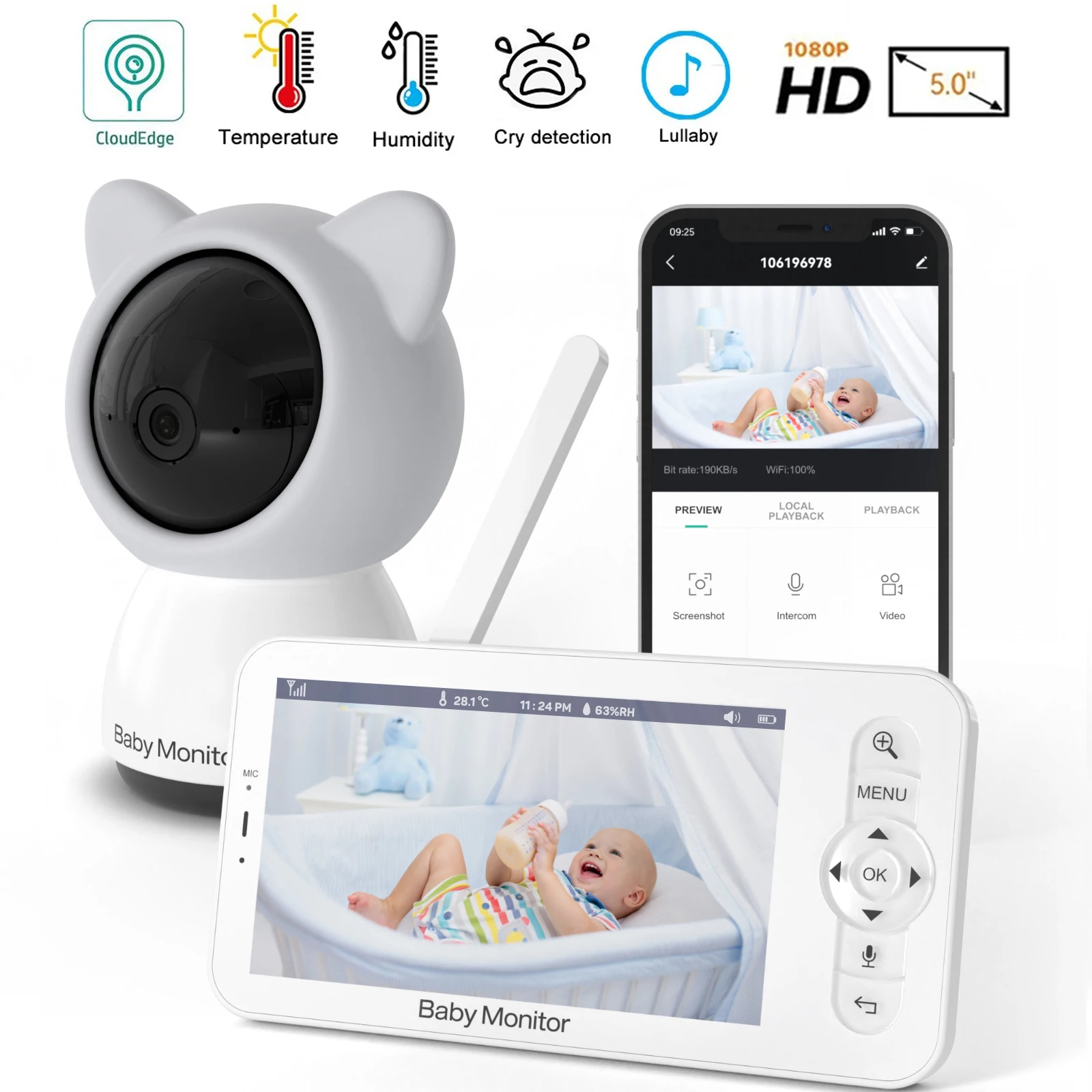 Радионяня с 4-кратным увеличением, 5-дюймовый HD-экран, 1080P ...