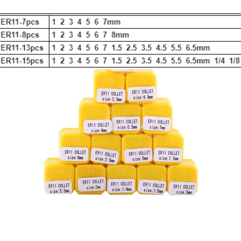 Набор из 15 шт. ER11 1-7 мм 1/4 1/8 дюйма (3,175 мм) пружинная цанга, высокоточный набор цанг для гравировального станка с ЧПУ, токарный фрезерный инструмент