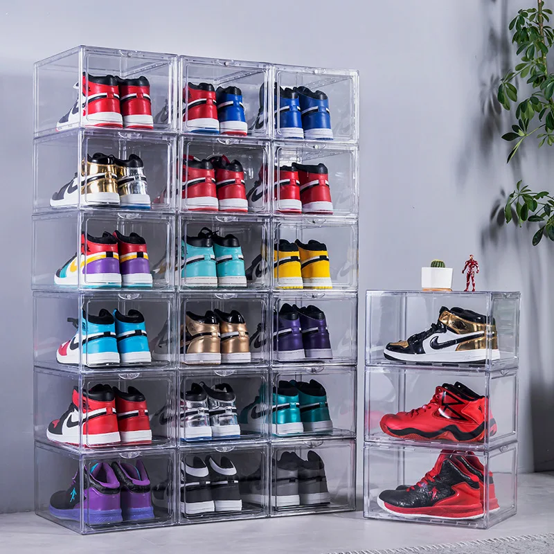 Caja de zapatos de baloncesto magnética para el hogar, alta calidad, a prueba de humedad, a prueba de polvo, de plástico acrílico transparente, almacenamiento de zapatos