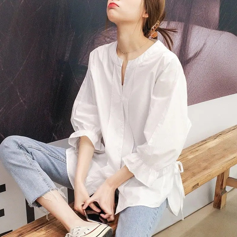 

Split Shirt Women's Spring And Summer Loose Casual Cotton Shirt Versatile Middle Sleeve Top Fashion