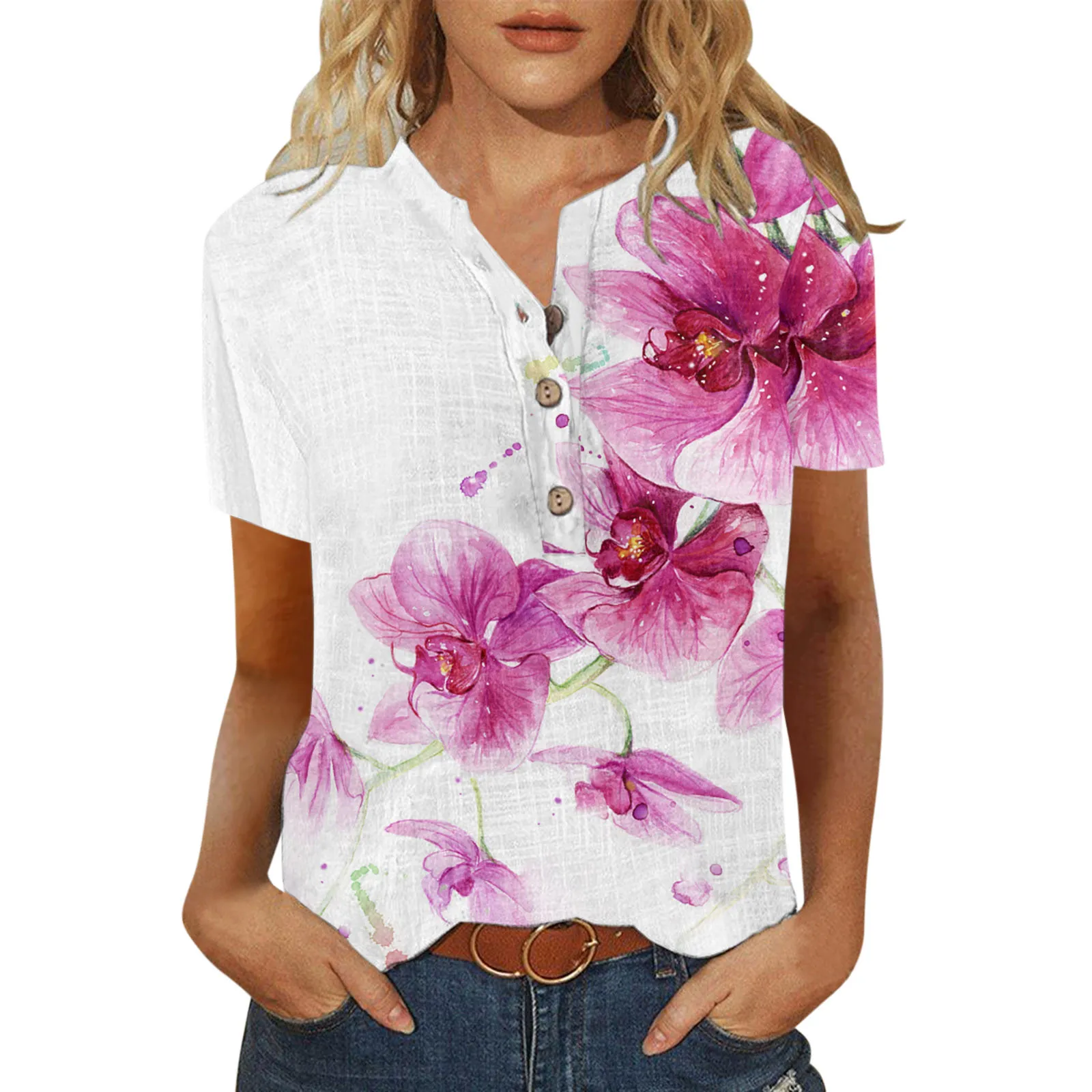 

Tops For Women Flower Printed Blouses Short Sleeve Summer Trendy Tee Shirt Lady Blouses V Neck Button Shirts Blusas Femininas