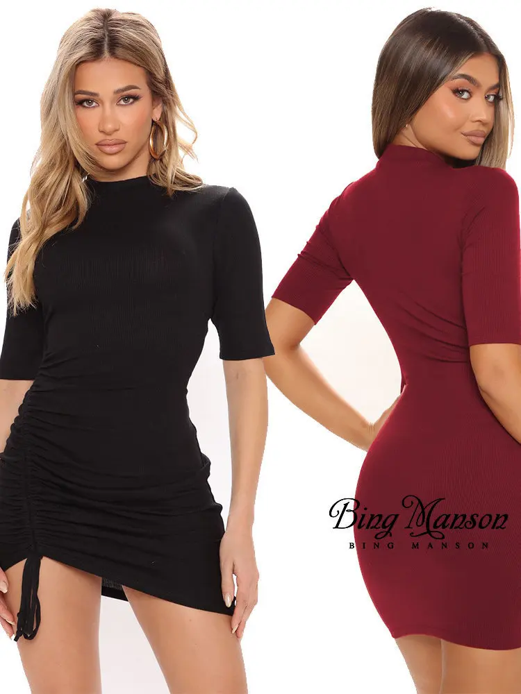 

2022 Summer Ladies Short-sleeved Elegant Temperament Round Neck Drawstring Waist-skimming Dress Stretch Thread Package Hip Dress