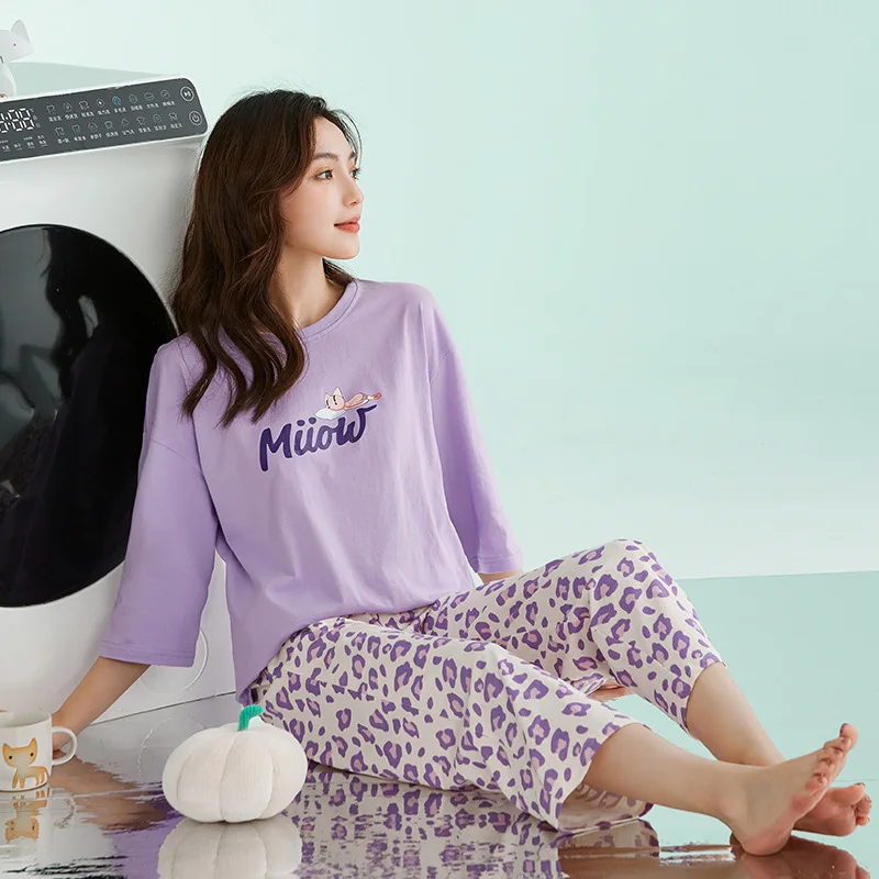 Spring and Summer Pajamas for Women's Pure Cotton Round Neck Sleeve Home Service Suit Small Fresh Style Comfortable Loungewear