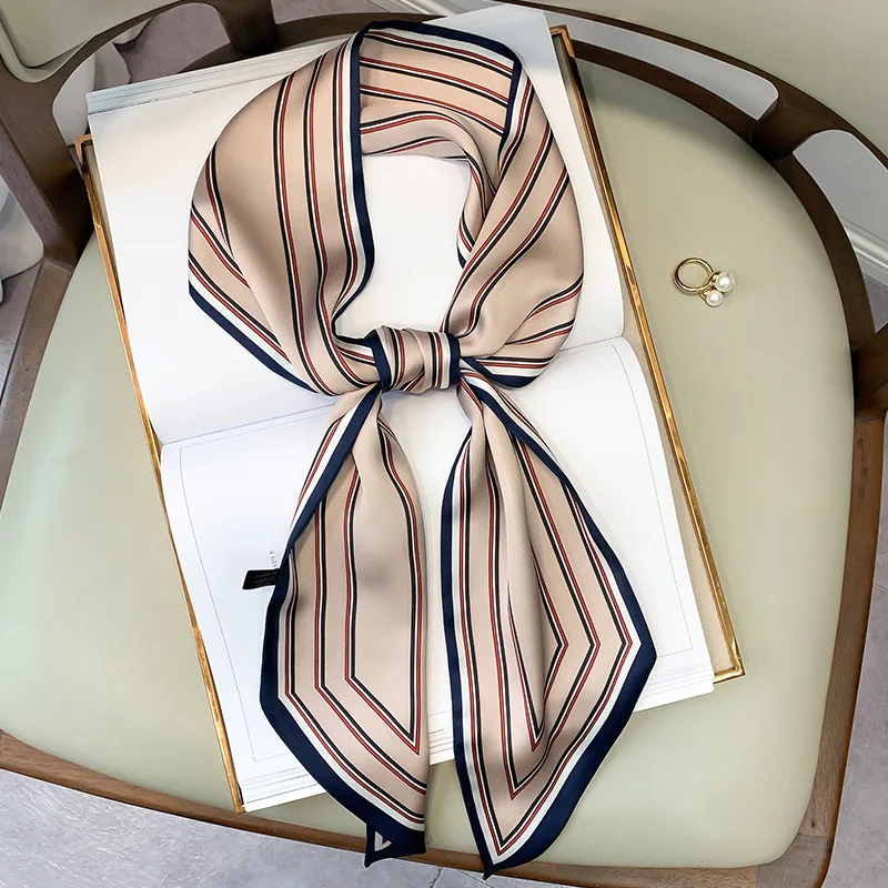 

2022 Luxury Striped Print Silk Scarf Women Double Small Scarf Tying Hair Band Female Spring Narrow Long Scarfs Ladies