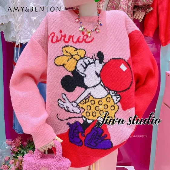

Fashion Sweet Loose All-Match Mid-Length Cartoon Contrast Color Sweater for Women Casual Round Neck Knitted Pullover Tops Ladies