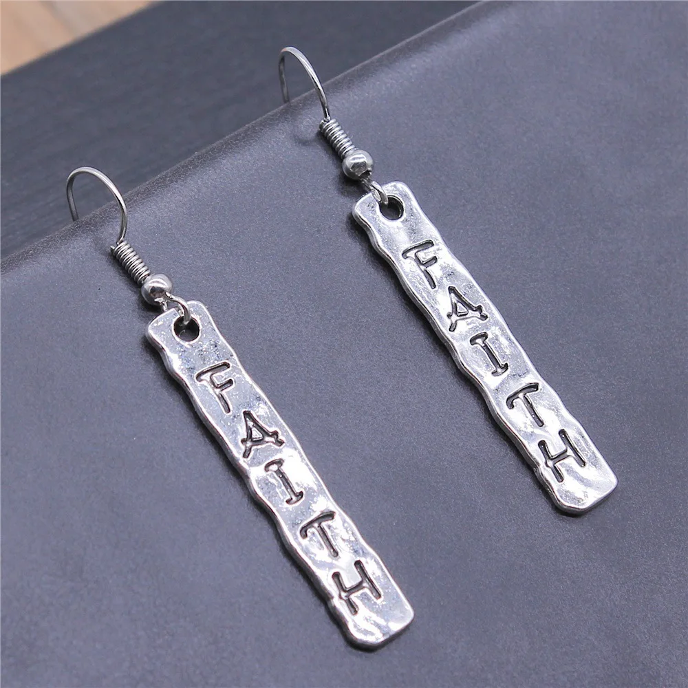 

Fashion Handmade Simple Design Antique Silver Color Faith Plates Pendant Earrings Women Vintage Drop Earrings