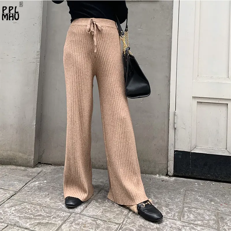 Casual Drawstring Elastic Waist Baggy Trousers Elegant Autumn Pantalones De Mujer Mom's Stretch Knitted Wide Leg Pants Women