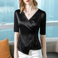 acetate satin short sleeved t shirt womens summer 2022 new v neck stitching cotton pleated waist top shirts for women y2k top