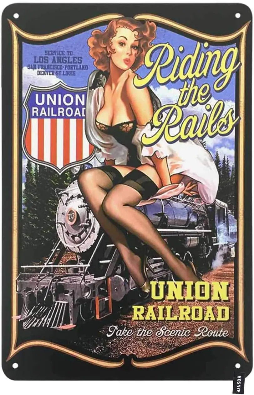 Rdng The Rls Pn Up Grl Tn Sgn Cute Womn с Trn Unon Rlrod Vntge Metl Sgns для мужчин и женщин Wll Декор дома Brs Clubs Cfe
