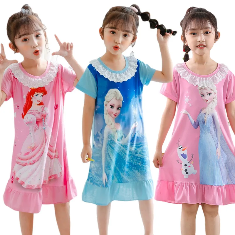 Frozen Girls Evening Dress Summer Kids Lace O-neck Cartoon Elsa Princess Sleepwear 4-10 Year vestidos Children Home Clothes
