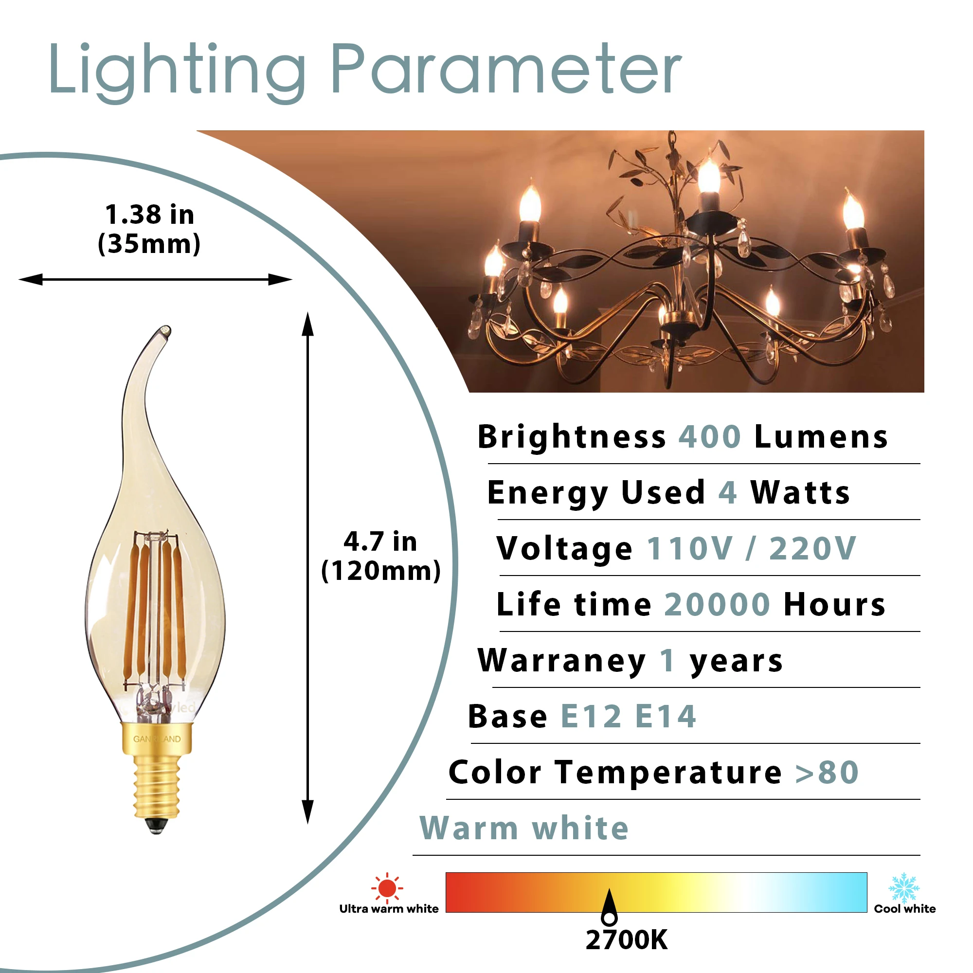 

GANRILAND Светодиодная лампочка E14 золотистого цвета