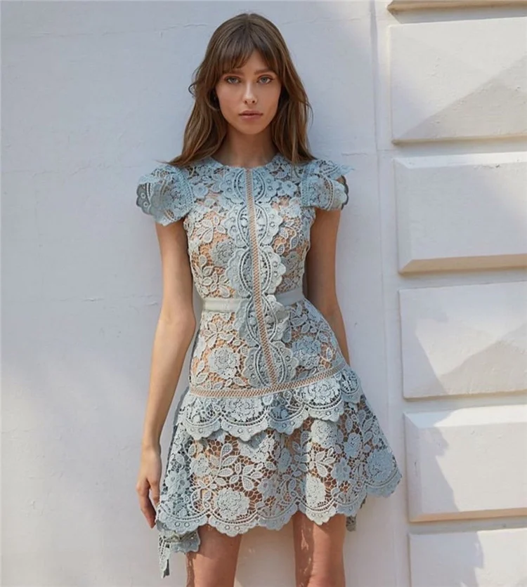 

Женское кружевное платье с вырезами, элегантное винтажное облегающее платье-трапеция с круглым вырезом и коротким рукавом в Корейском стил...