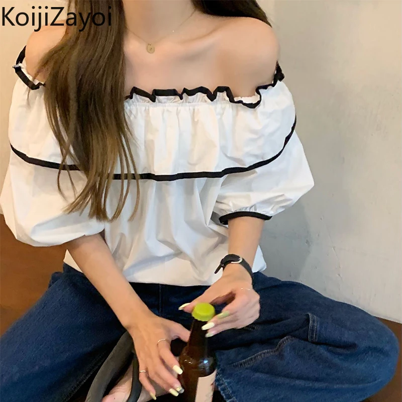 

Koijizayoi Sexy Women Sweet Blouse Long Sleeves Slash Neck Chic Shirt Lady Fashion Solid Ruffled Blusas Korean Blouses Summer