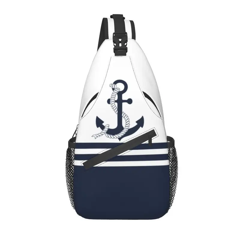 

Nautical Blue Anchors With Stripes Sling Crossbody Backpack Men Sailing Sailor Chest Shoulder Bag for Traveling Daypack