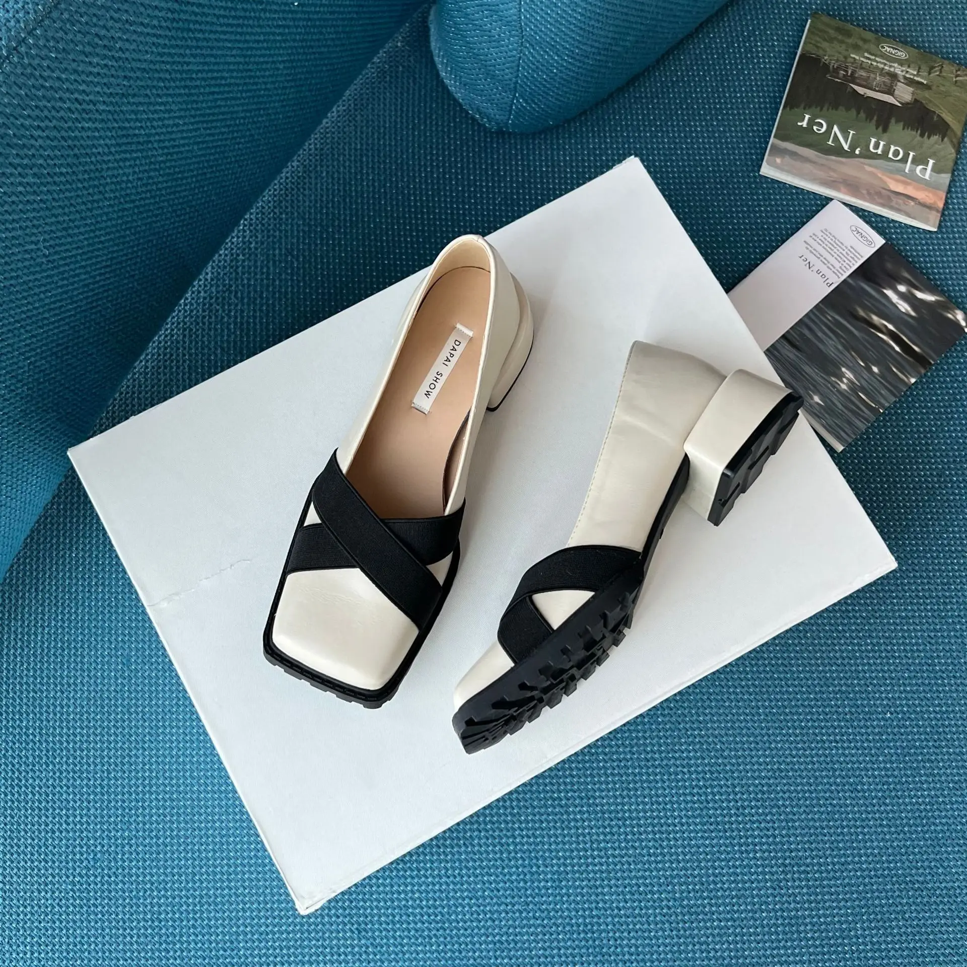 FAFA 2023 New Bowknot Shallow Mouth Thick Heel Single Shoes Women's Commuting Square Toe Elastic Belt Low Heel Shoes Women Shoes